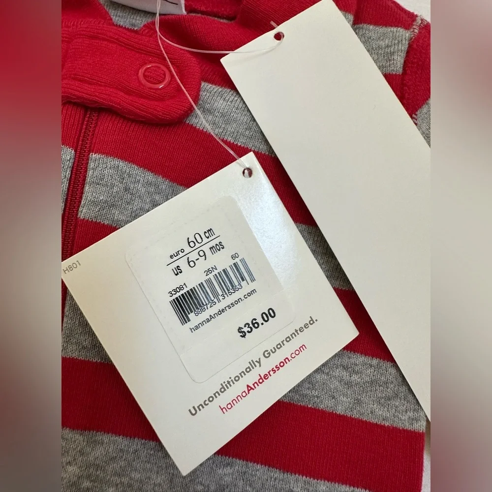 NWT! Hanna Andersson Red and Gray Striped Kids Footie size 6-9mo